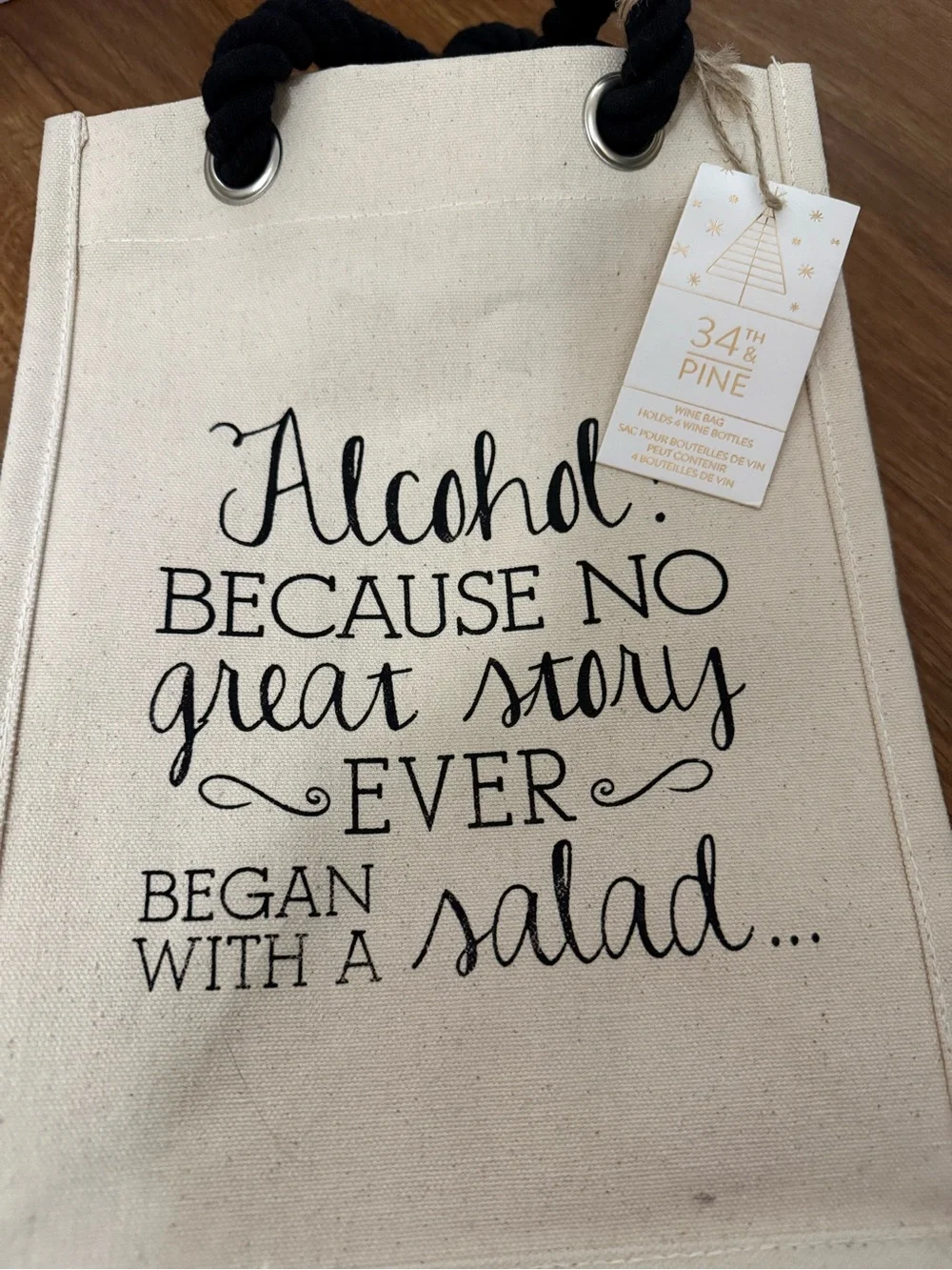 Cream Canvas Wine Tote with Black Rope Handles and Script